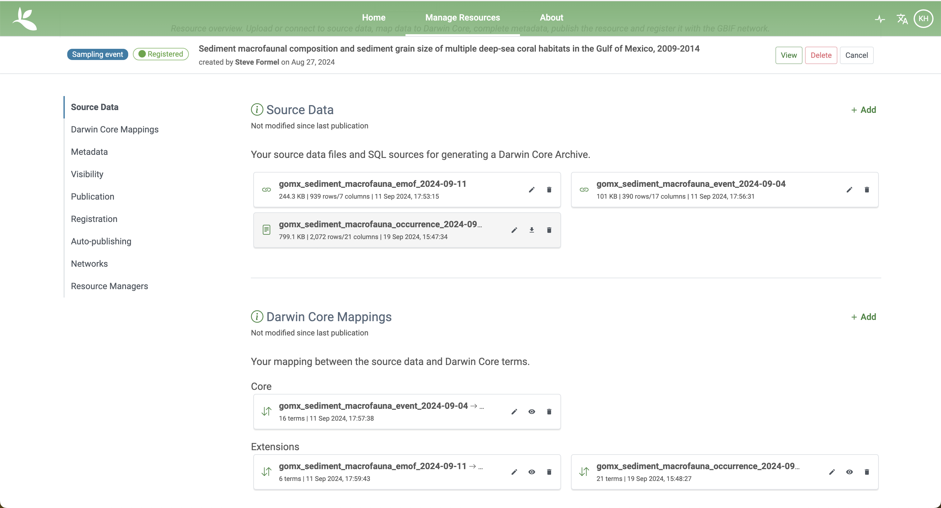 screenshot showing the GBIF IPT page with event core and extension tables uploaded and their vocabulary mappings